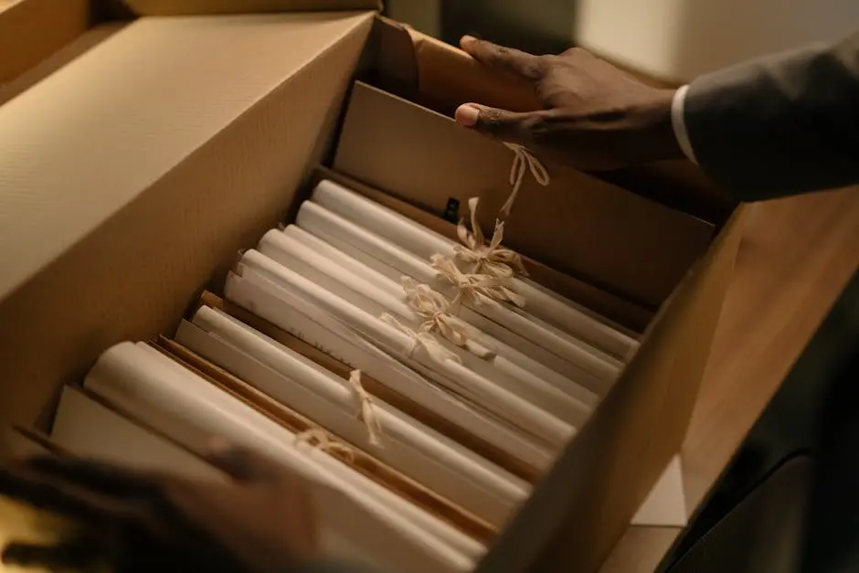 Hands organizing files in a box, symbolizing investigation and research.