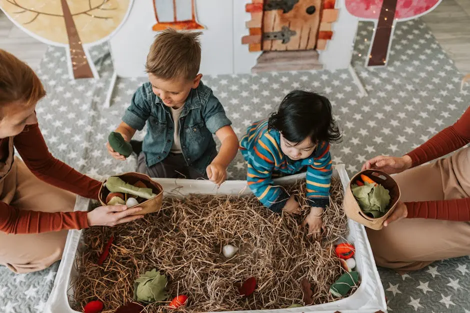 Children engaged in playful activities in a cozy indoor playroom full of toys and imagination.