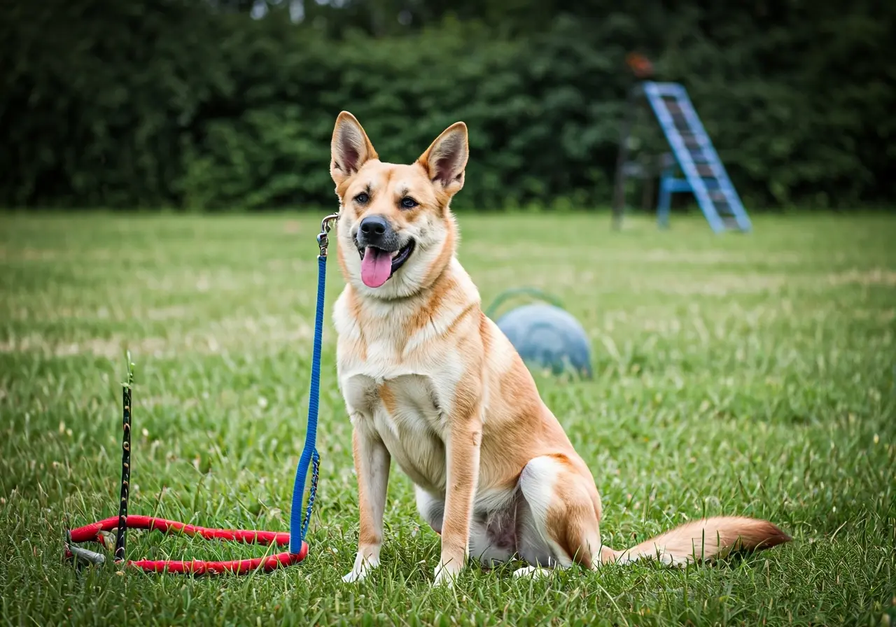 A well-behaved dog sitting obediently next to training equipment. 35mm stock photo