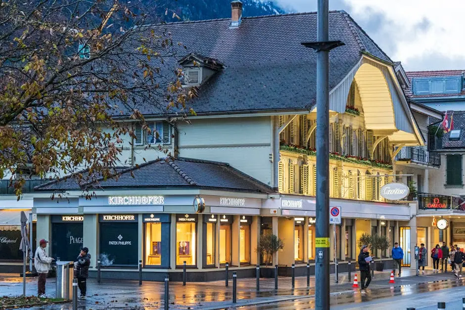 Explore the elegant Kirchhofer and Cartier watch stores in Interlaken, Switzerland.
