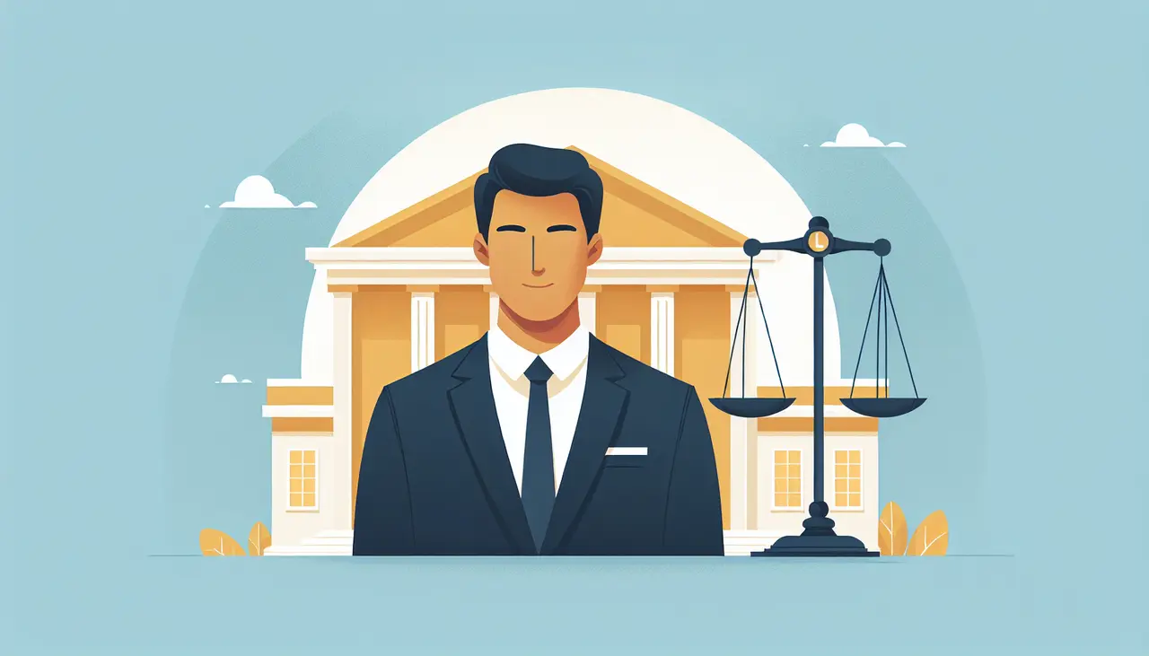 Draw a graphic in flat design style. A flat design illustration of a confident lawyer in a suit standing beside scales of justice and court buildings in the background, conveying a sense of professionalism and expertise.