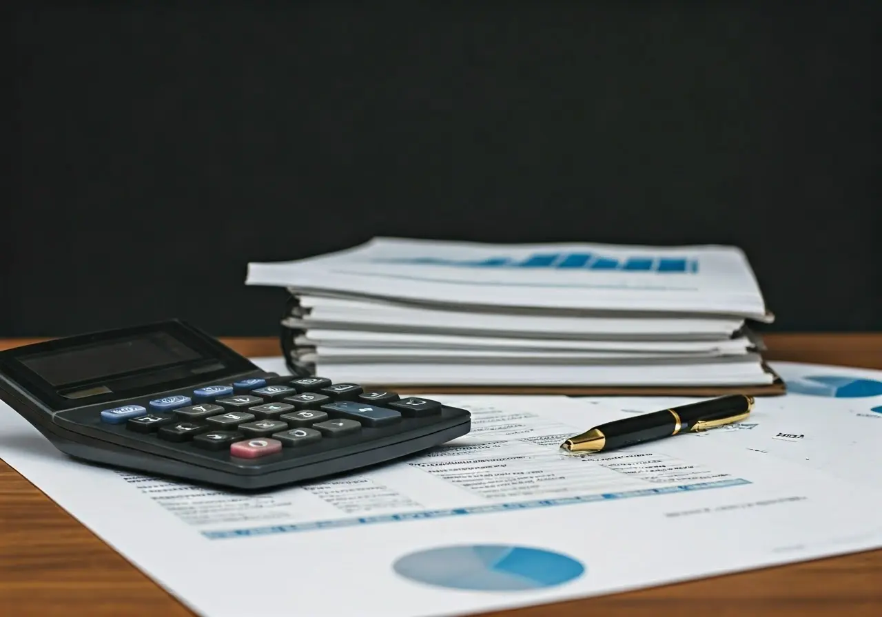 A calculator and financial documents on an organized desk. 35mm stock photo