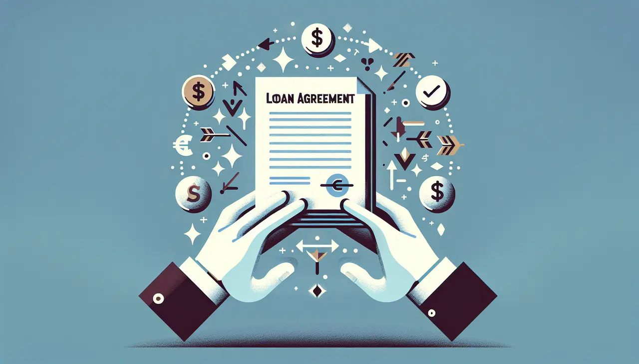 Draw a graphic in flat design style. A pair of hands holding a floating document labeled Loan Agreement, surrounded by symbols of money and arrows indicating a recovery process, on a clean, simple background.