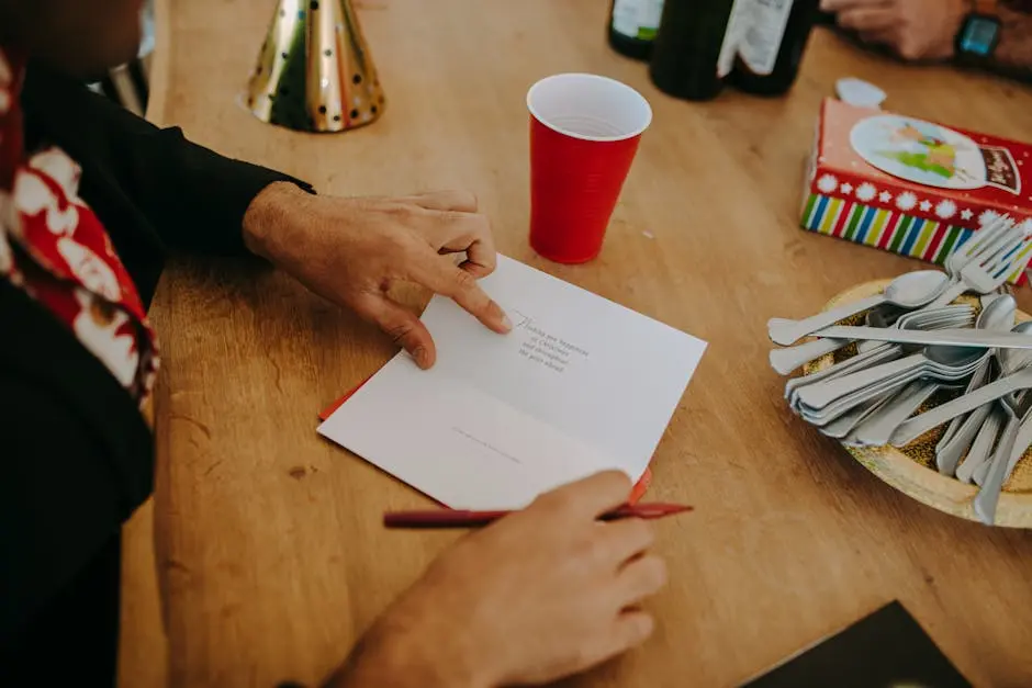 Person writing a Christmas card on a wooden table with festive decor.