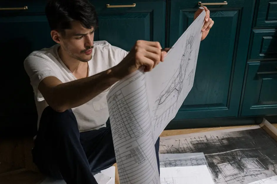 Man reviewing architectural blueprints in a modern kitchen environment.