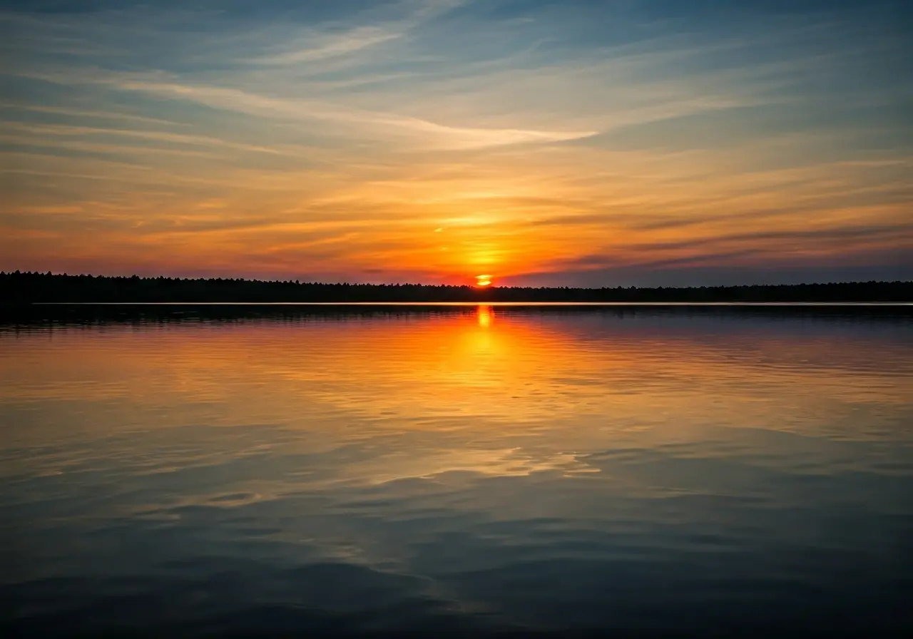 A peaceful sunset over a calm, reflective lake surface. 35mm stock photo