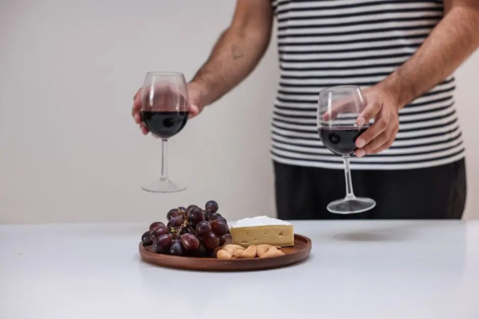 A stylish setup of red wine with cheese and grapes on a charcuterie board.