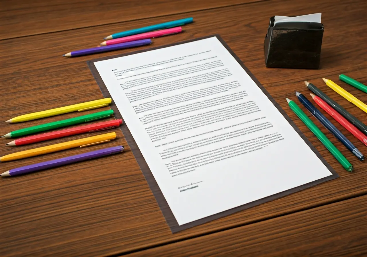 An elegant desk with colorful pens and personalized letterheads. 35mm stock photo