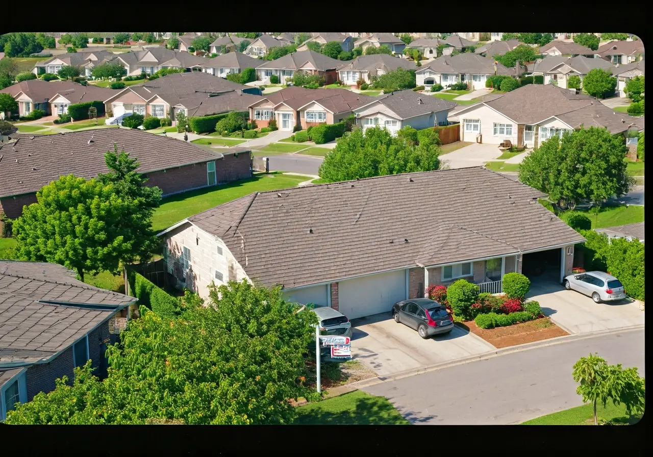 Aerial view of suburban houses with For Sale signs. 35mm stock photo