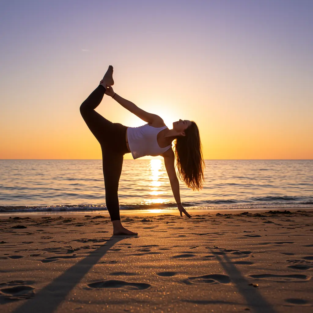 Person doing half moon pose on beach at sunset.