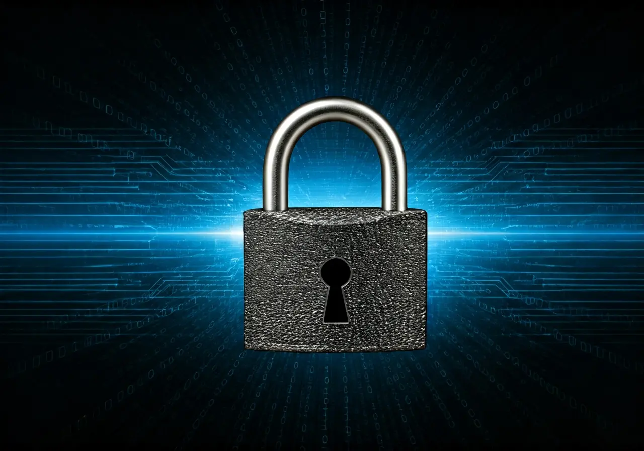 A padlock with a digital, binary code background. 35mm stock photo