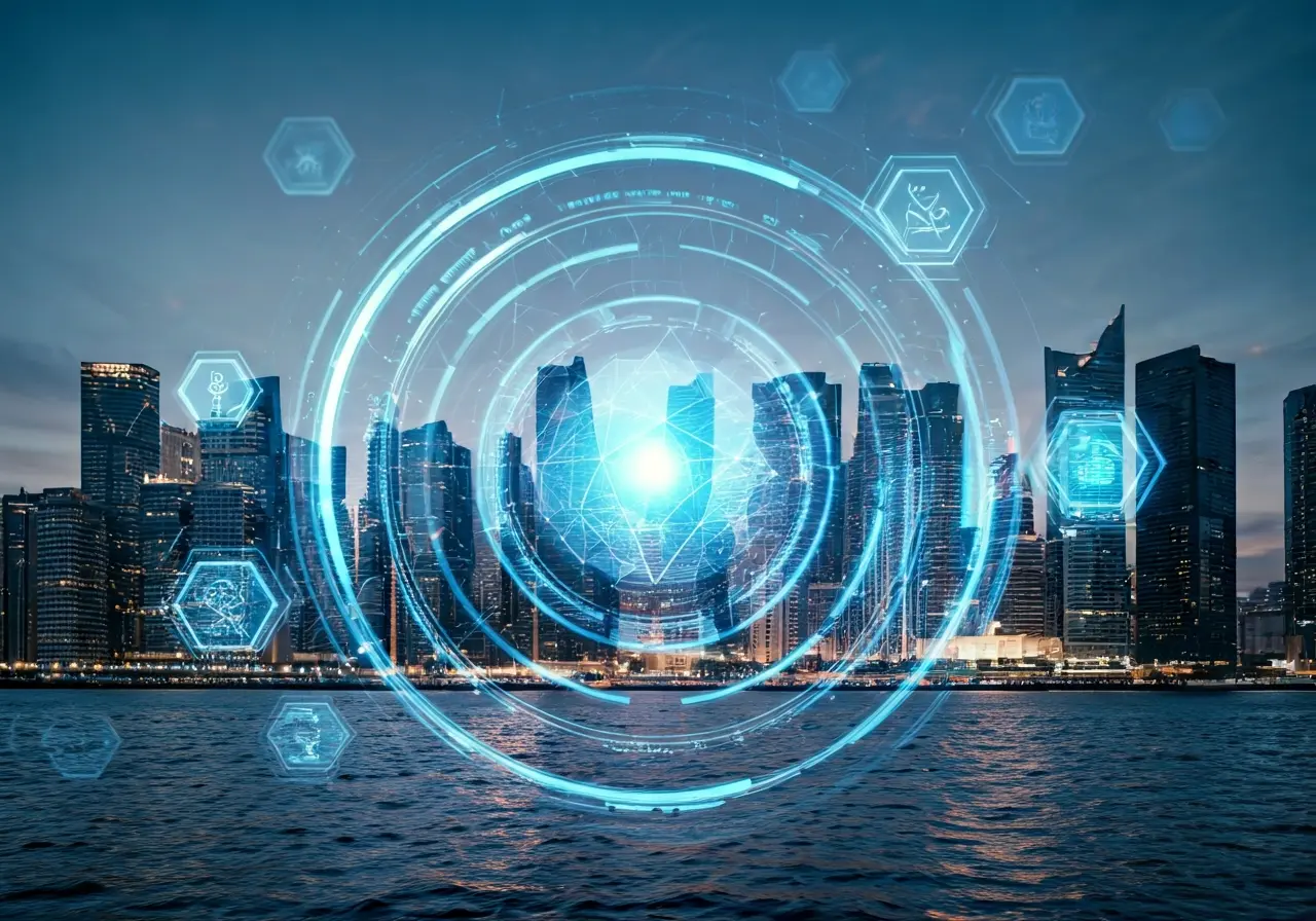 A futuristic city skyline with digital technology icons overlaid. 35mm stock photo