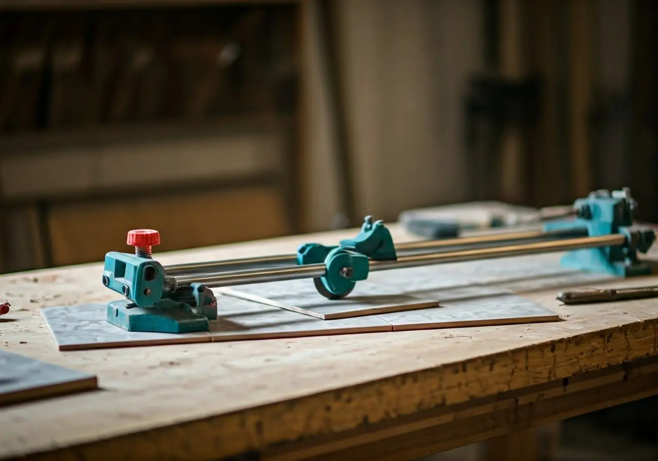 A tile cutter slicing through a ceramic tile on a workbench. 35mm stock photo