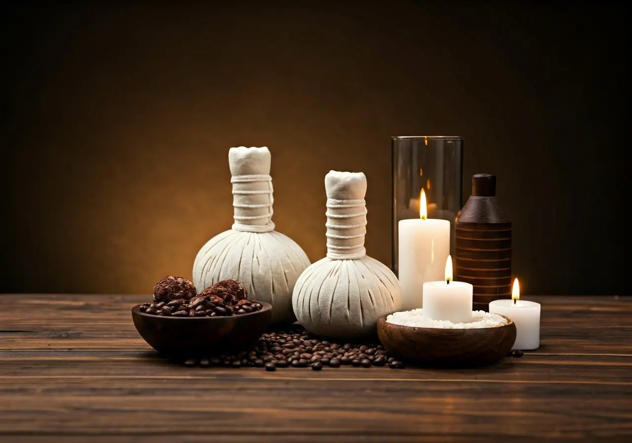 A serene spa setting with massage therapy tools displayed. 35mm stock photo