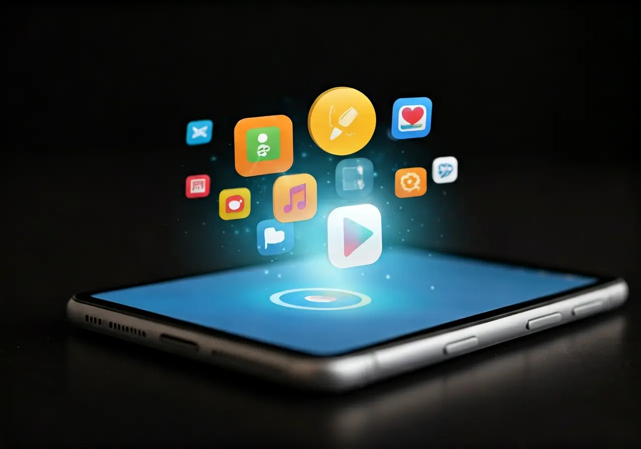 A smartphone with floating icons representing various app features. 35mm stock photo