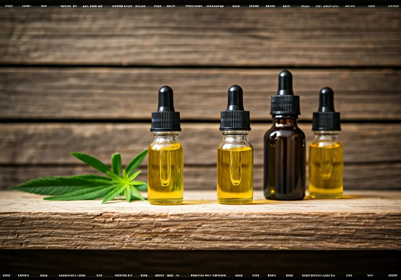 Bottles of CBD oil displayed on a rustic wooden shelf. 35mm stock photo