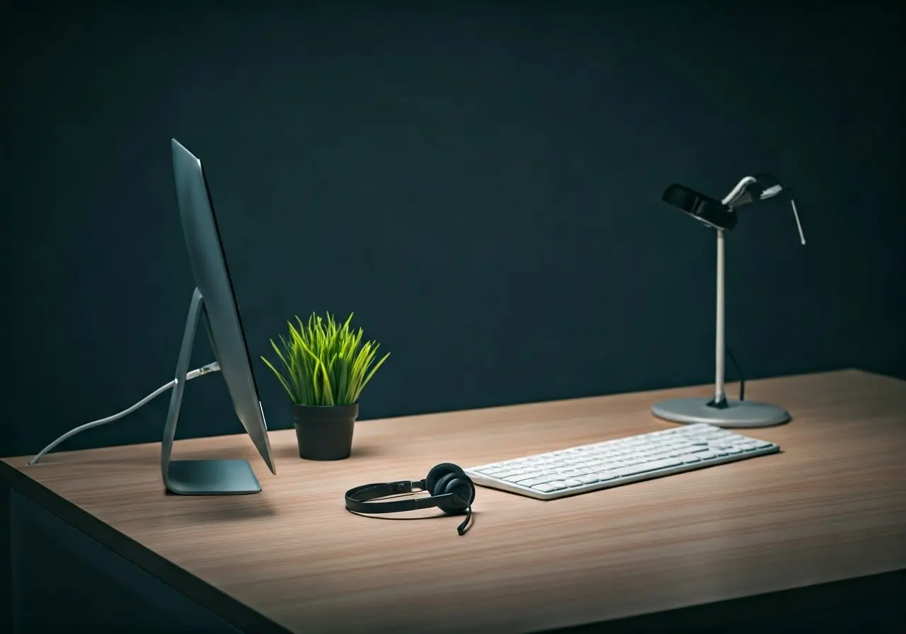 A modern office desk with a computer and headset. 35mm stock photo