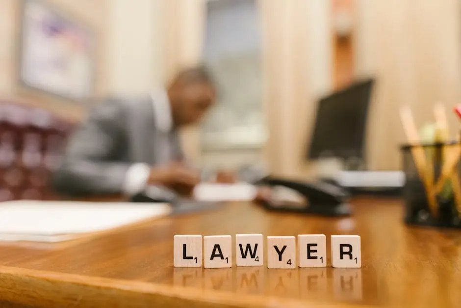 Wooden letter tiles spelling &lsquo;LAWYER&rsquo; on a desk, with blurred office setting in the background.