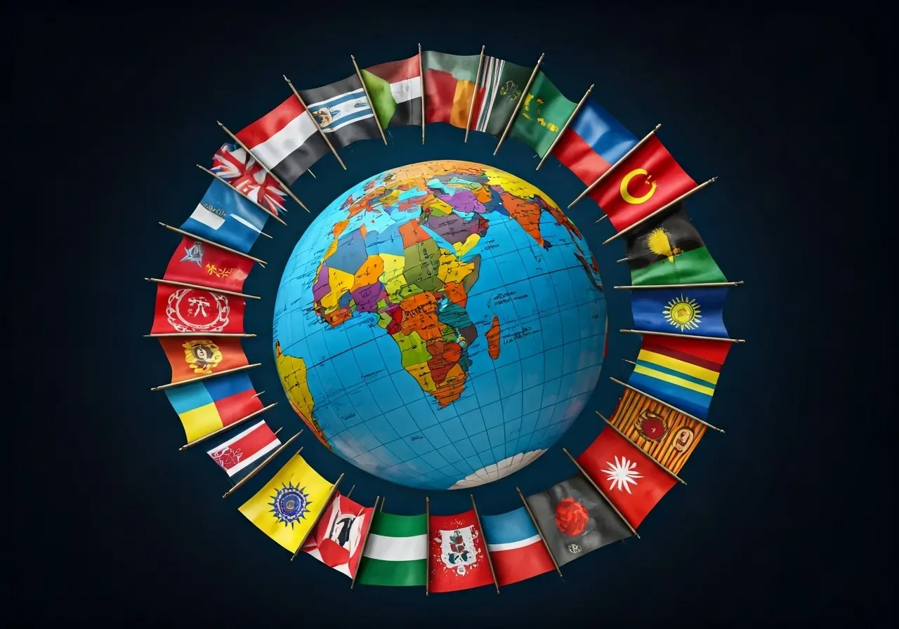 A globe surrounded by diverse cultural symbols and flags. 35mm stock photo