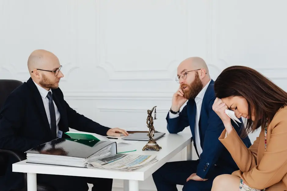 Serious discussion among professionals in an office setting with legal documents.