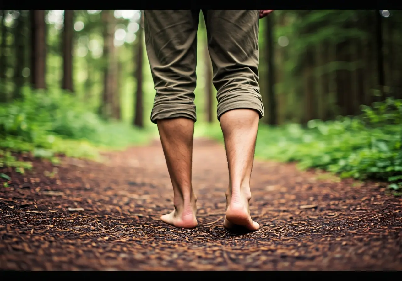 A hiker walking on a forest trail in barefoot shoes. 35mm stock photo