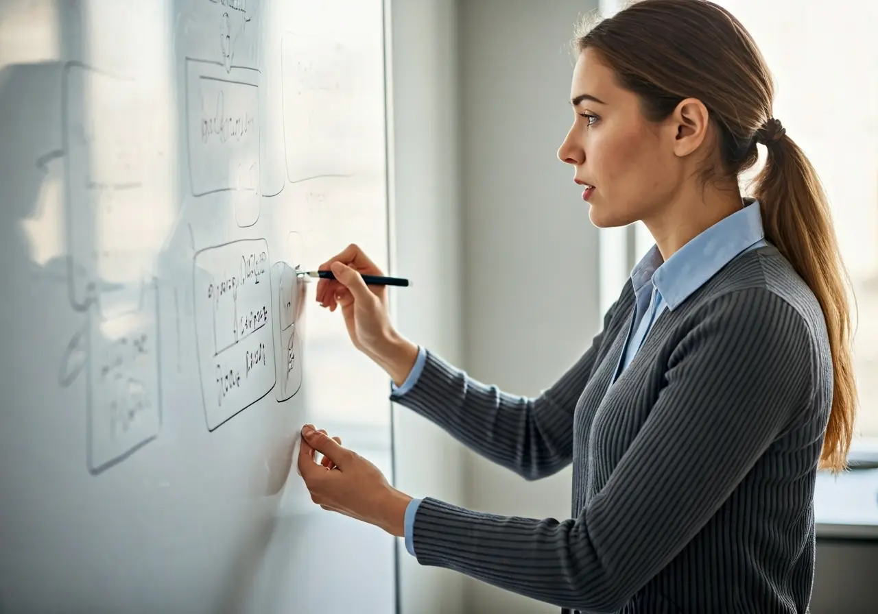 A therapist explaining concepts using a whiteboard in an office. 35mm stock photo