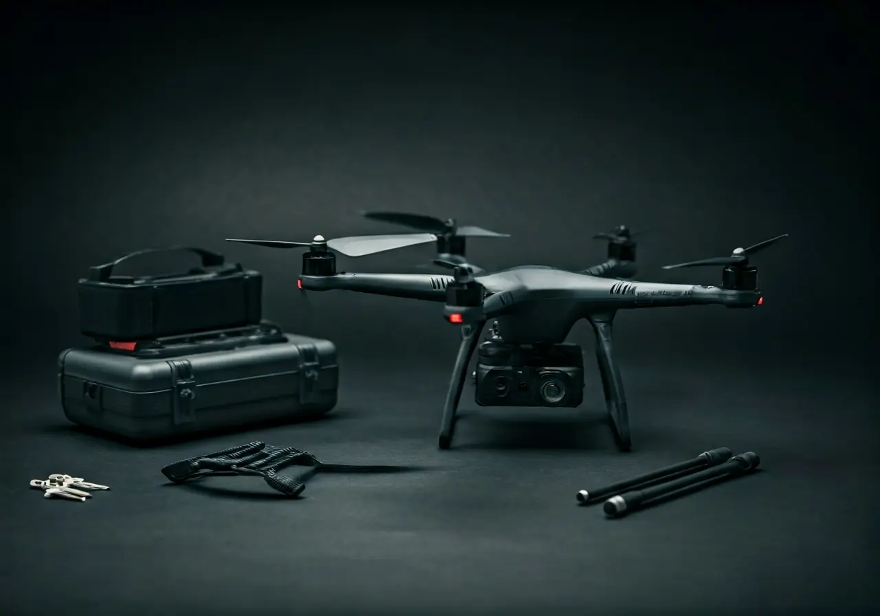 A DJI agricultural drone surrounded by essential drone accessories. 35mm stock photo