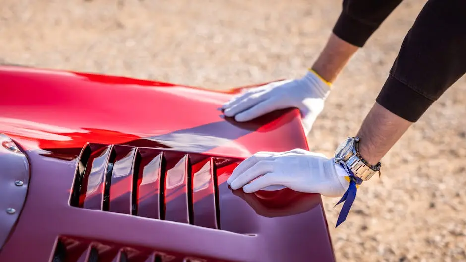 Detailed close-up of red sportscar hood being polished by hands in white gloves outdoors.