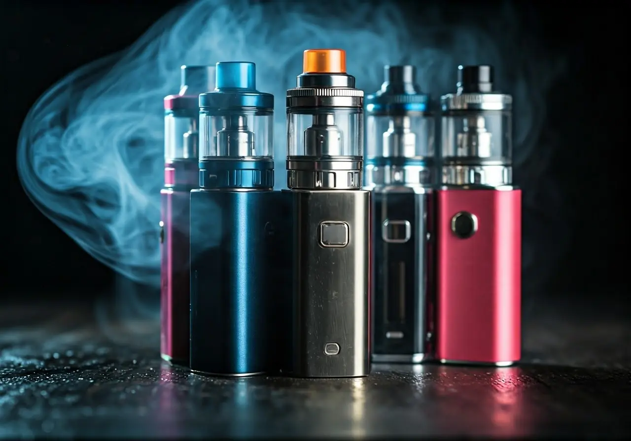 A close-up of colorful vape devices and smoky background. 35mm stock photo