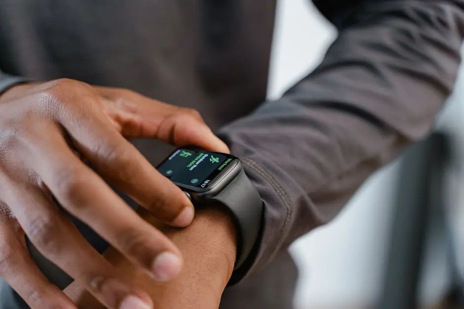 A detailed view of a smartwatch tracking fitness on a person’s wrist.