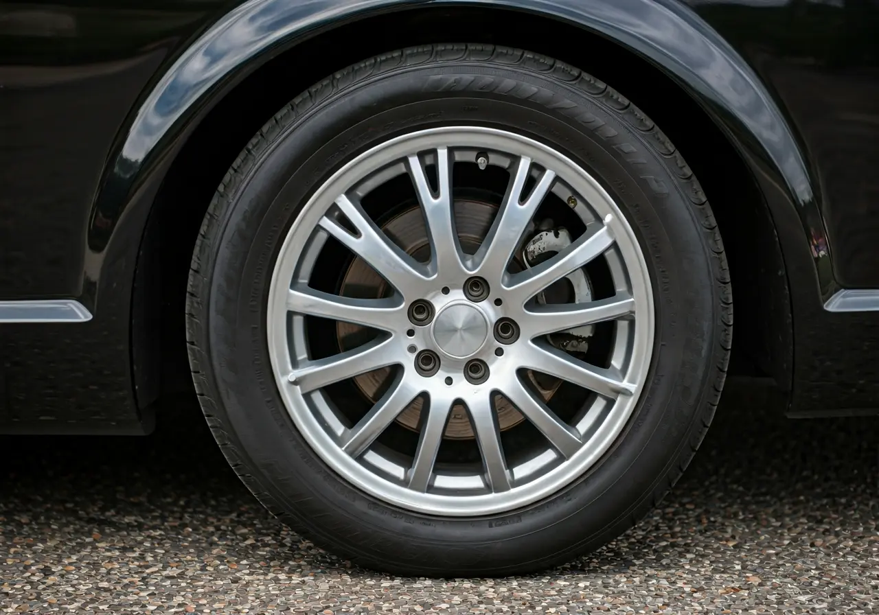 A close-up of a car wheel with shiny, dressed tires. 35mm stock photo