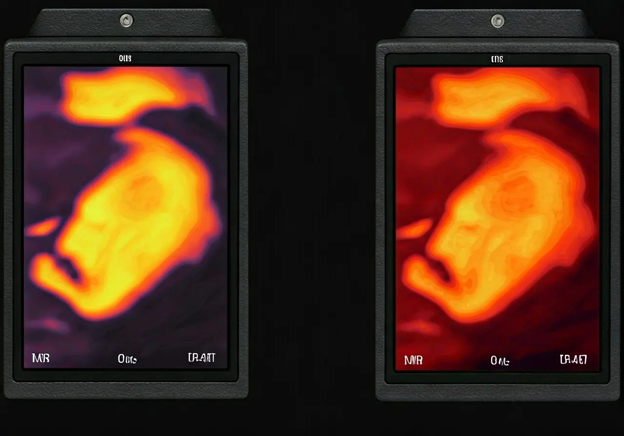 A side-by-side comparison of thermal and regular camera images. 35mm stock photo