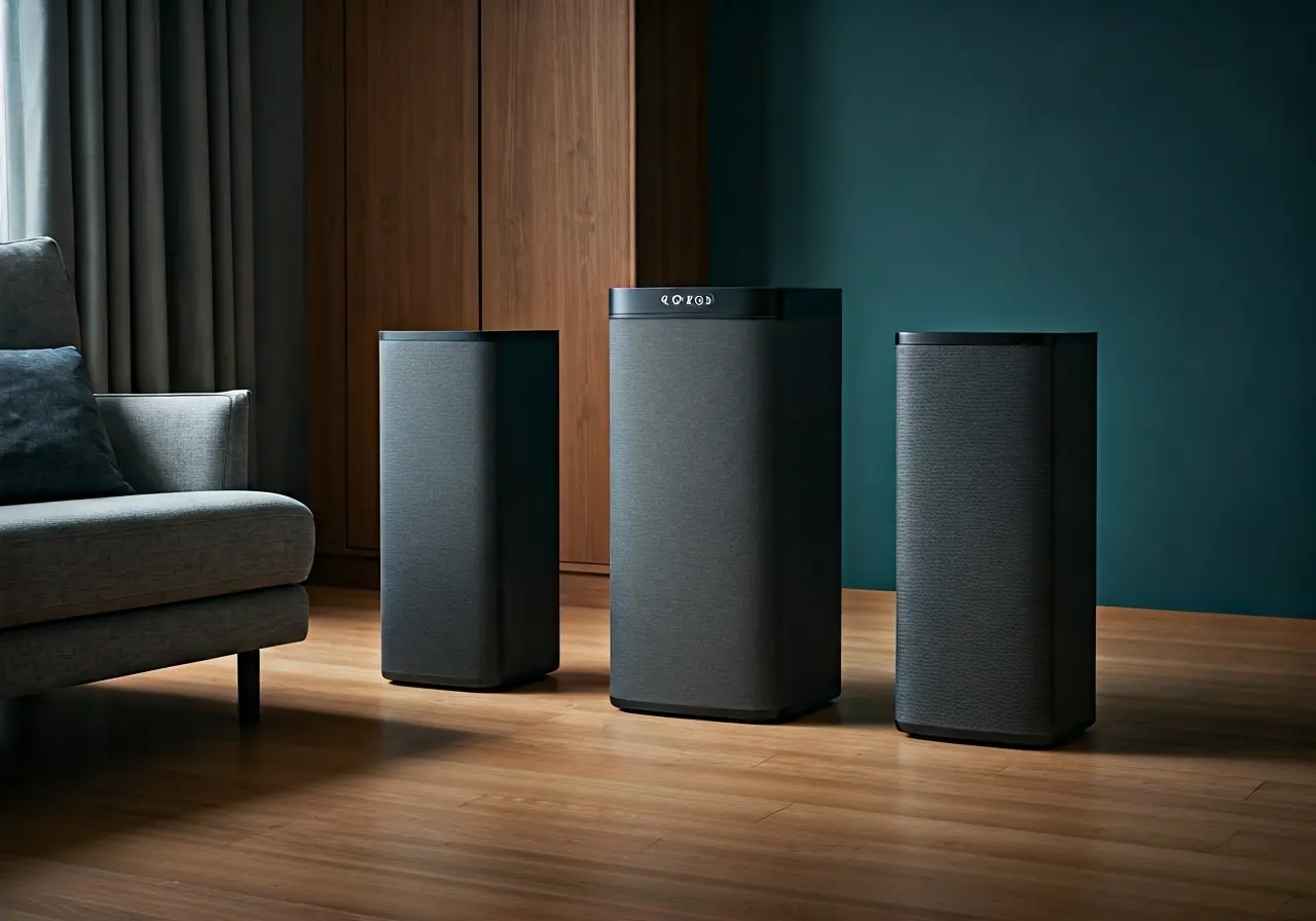 A modern living room with Sonos speakers and smart devices. 35mm stock photo