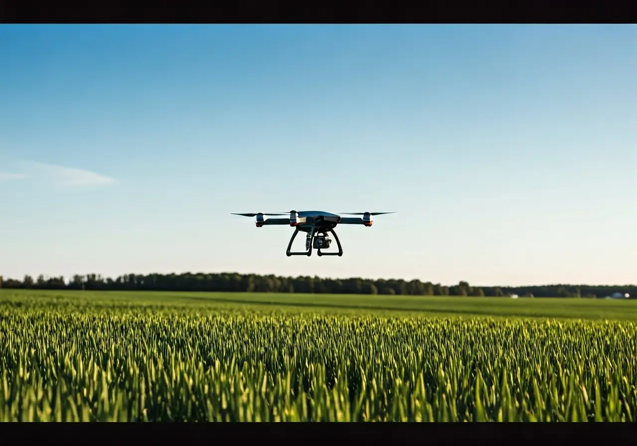 A drone dispersing seeds over a wide farmland. 35mm stock photo