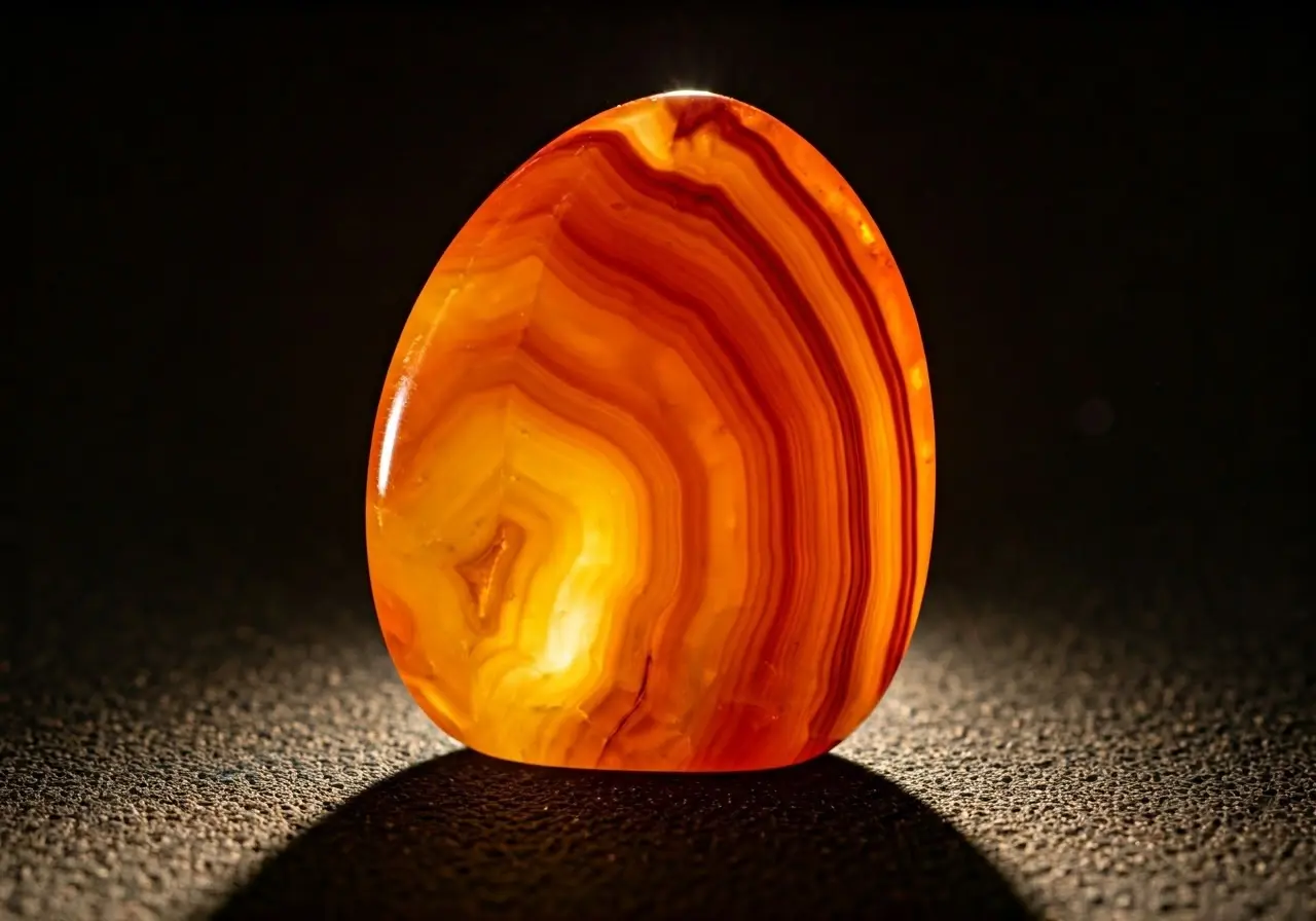A vibrant orange carnelian crystal illuminated on a dark background. 35mm stock photo
