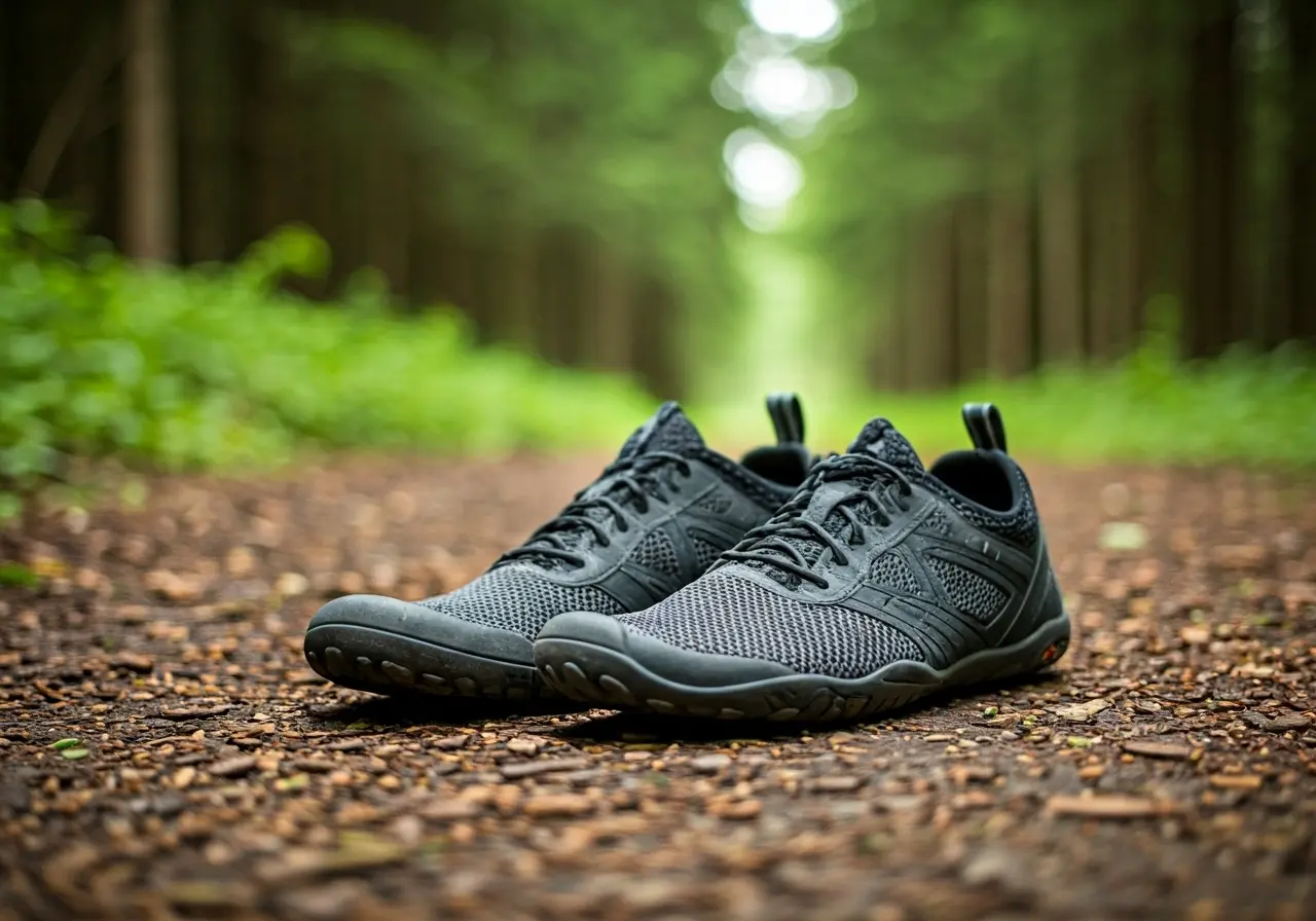 A pair of barefoot trail shoes on a rustic forest path. 35mm stock photo