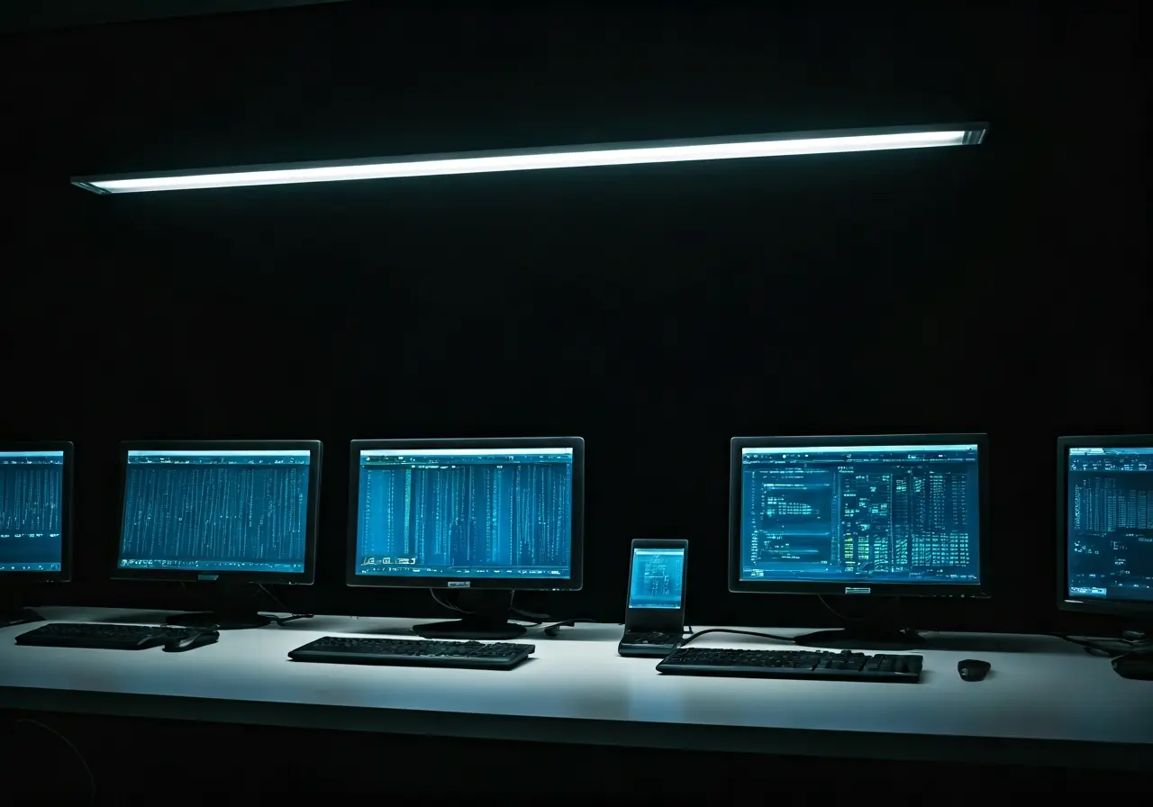 A sleek, modern office with high-tech computer equipment. 35mm stock photo