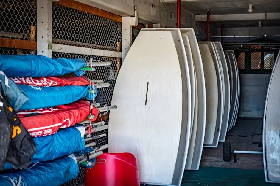 A neatly organized indoor storage room containing sailboat hulls and sails.