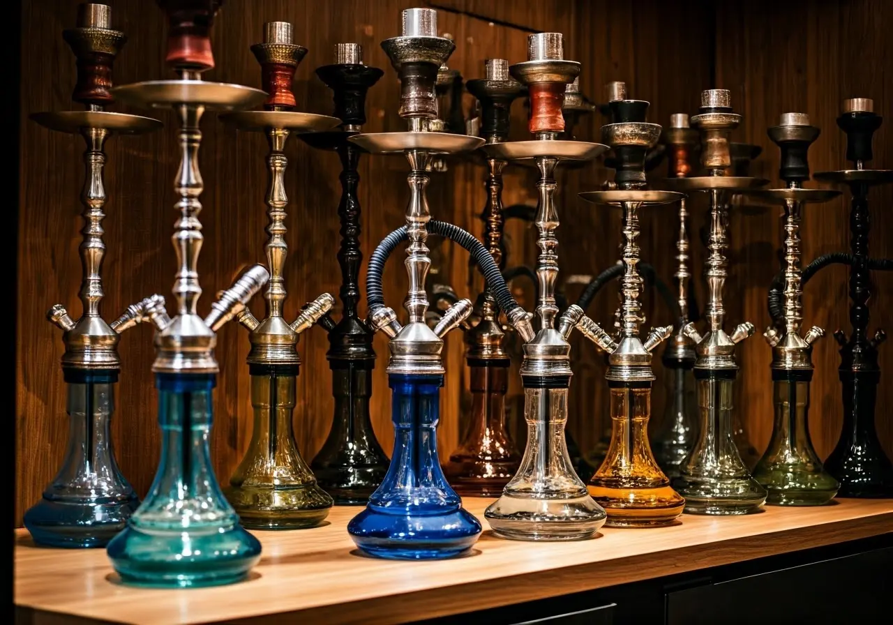 Colorful hookahs displayed in a modern retail store setting. 35mm stock photo