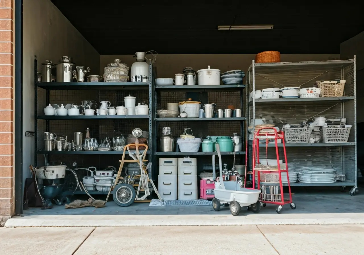 A neatly organized garage sale with various household items displayed. 35mm stock photo
