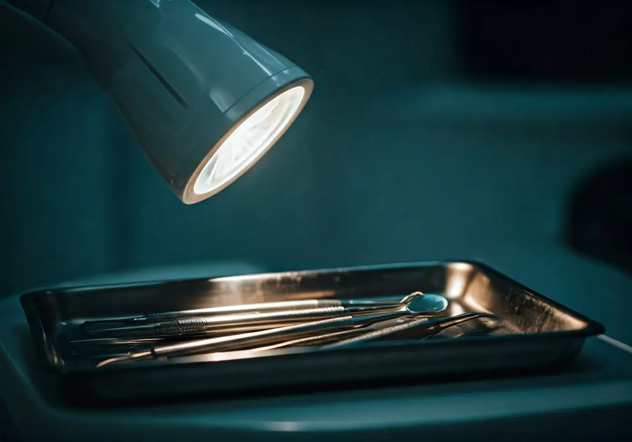 Dentist tools on a medical tray with a bright light. 35mm stock photo
