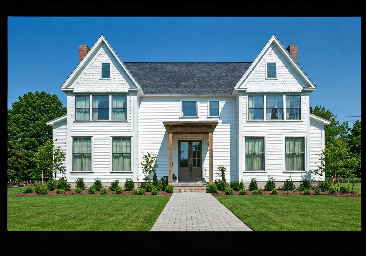 Charming Michigan farmhouse with modern architectural renovations and landscaping. 35mm stock photo