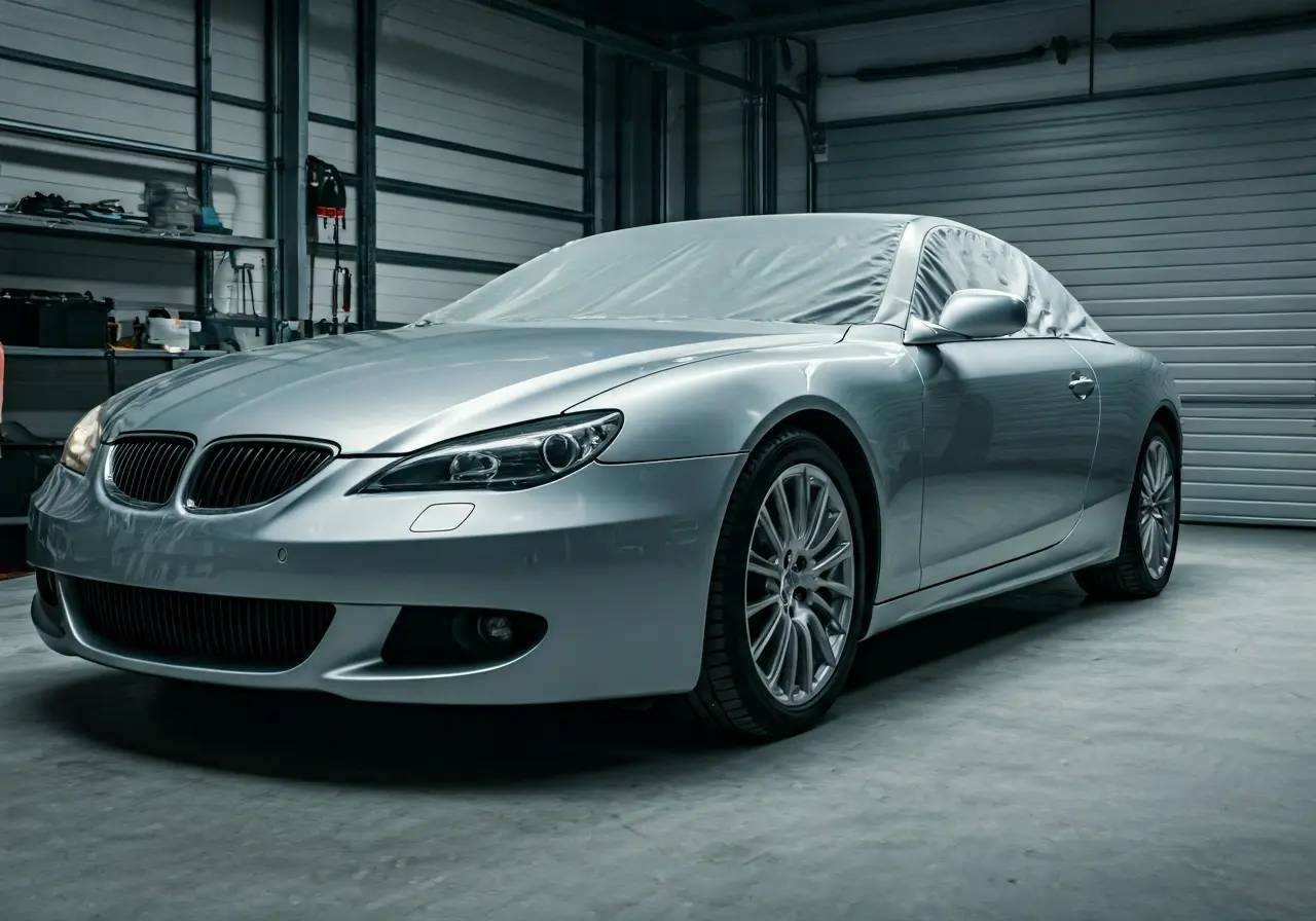 A shiny new car under a protective cover in a garage. 35mm stock photo