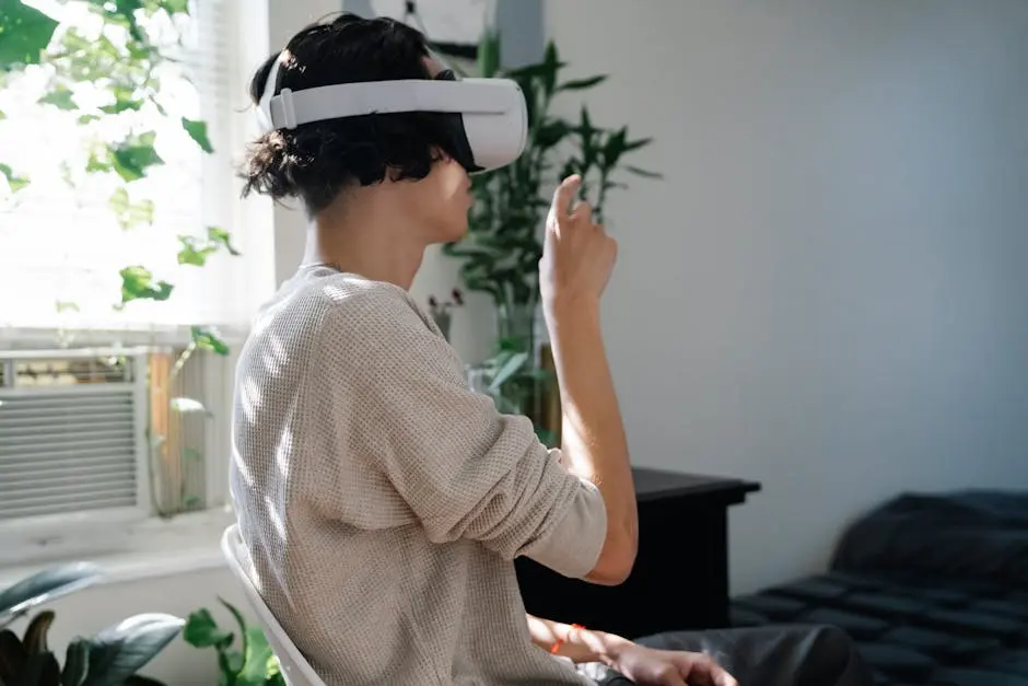 A person wearing a VR headset and interacting with a virtual environment indoors.