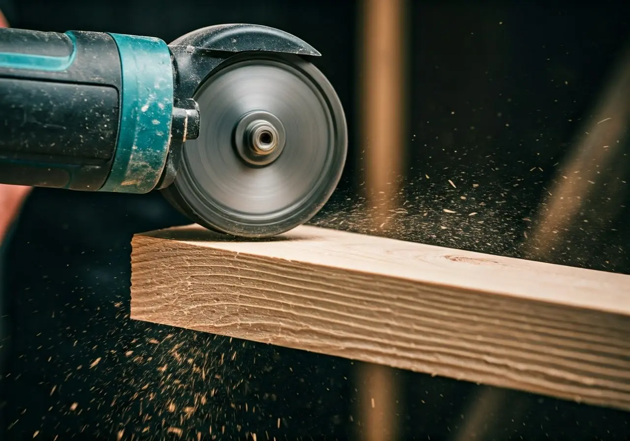 Close-up of an oscillating tool cutting wood with minimal dust. 35mm stock photo