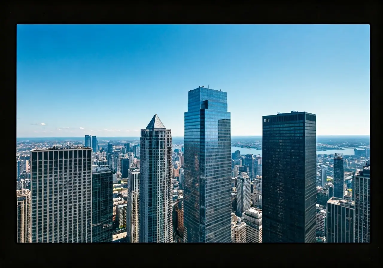 Aerial view of One57 skyscraper against a blue sky. 35mm stock photo