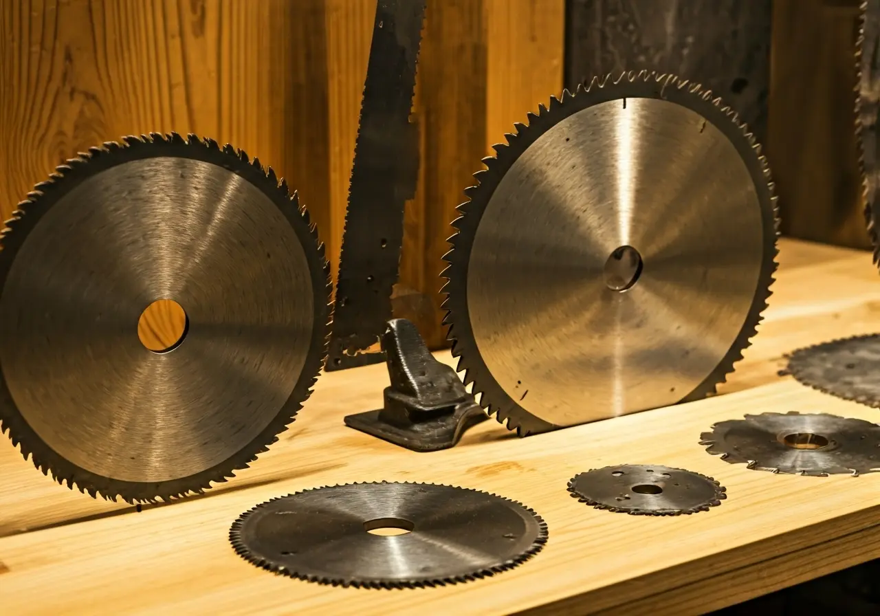 A display of various saw blades on a wooden surface. 35mm stock photo