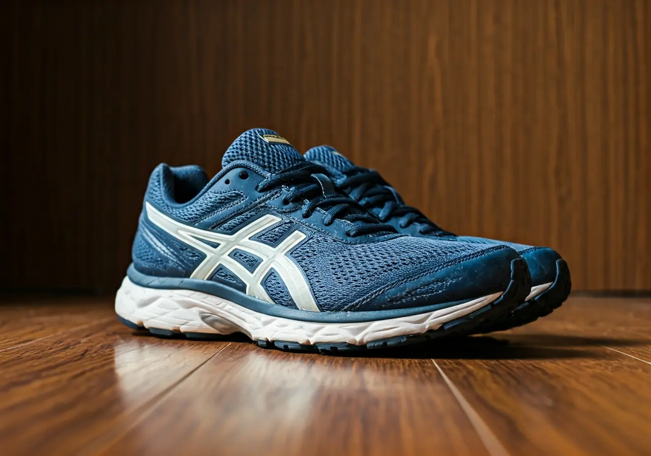 A pair of cushioned running shoes on a wooden floor. 35mm stock photo