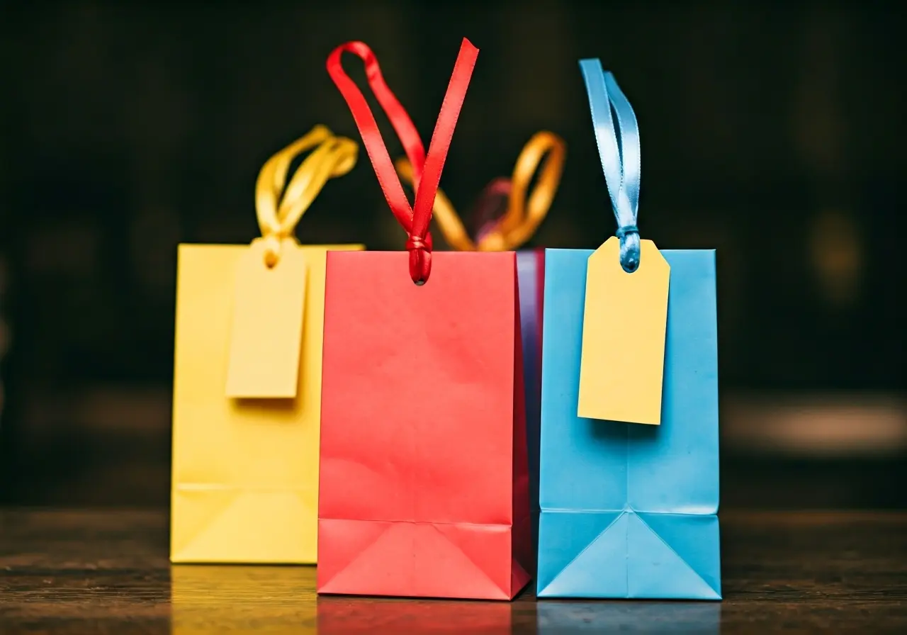 Colorful custom gift bags with ribbons and name tags. 35mm stock photo