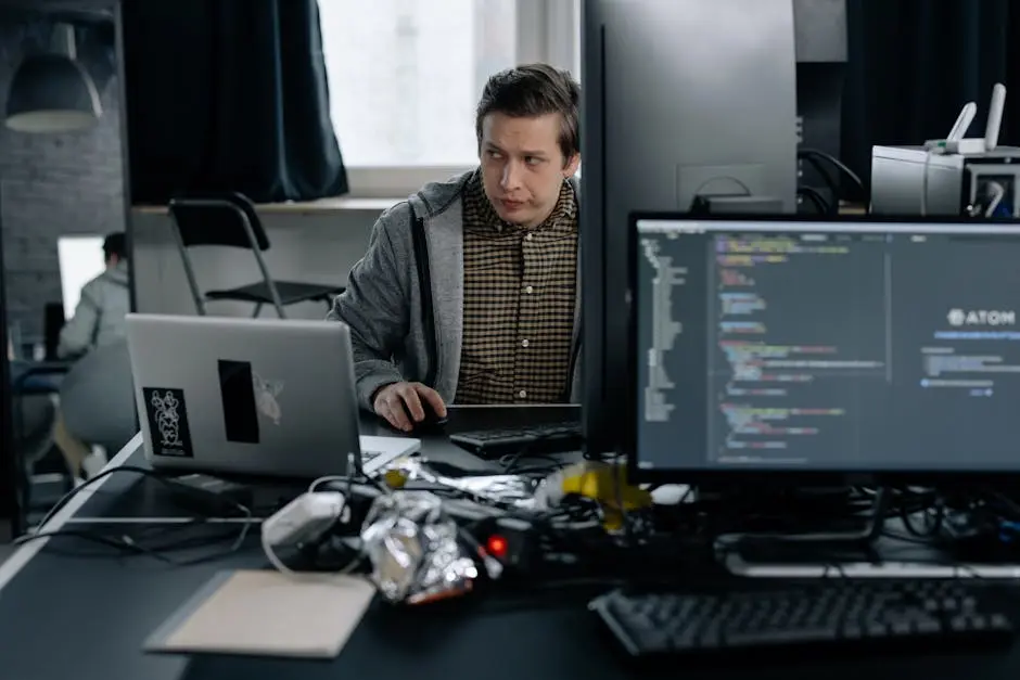 A programmer in a modern office working on computer code, showcasing a focused work environment.
